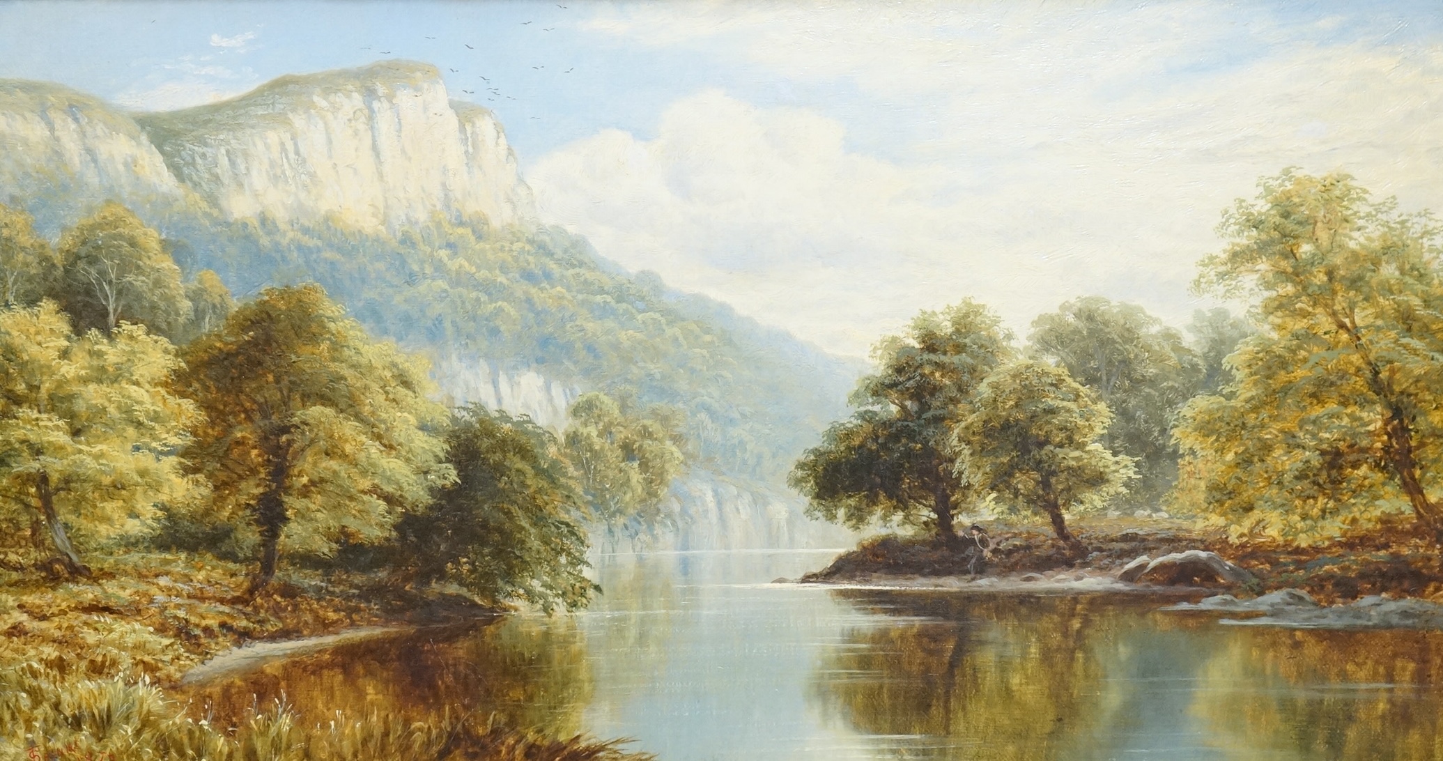 Thomas Spinks (1847-1927), ‘View in Derbyshire’, signed and dated 1872, Eastbourne Fine Art label verso, oil on canvas, ornate gilt frame, 29 x 54cm
